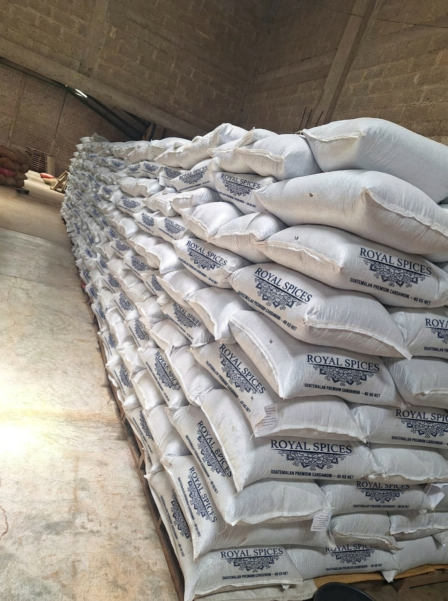 Royal Spices branded 40 KG sacks — warehouse stack