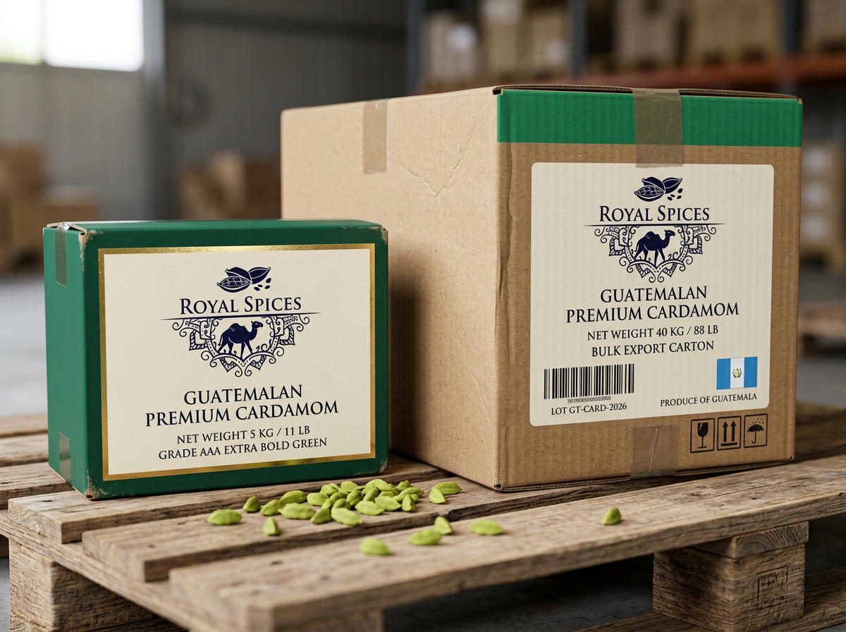 5 KG & 40 KG export boxes — Guatemalan Premium Cardamom